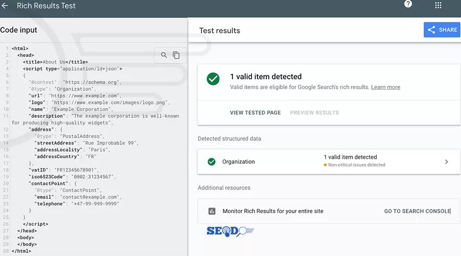 تست اسکیما توسط ابزار Rich Results Test