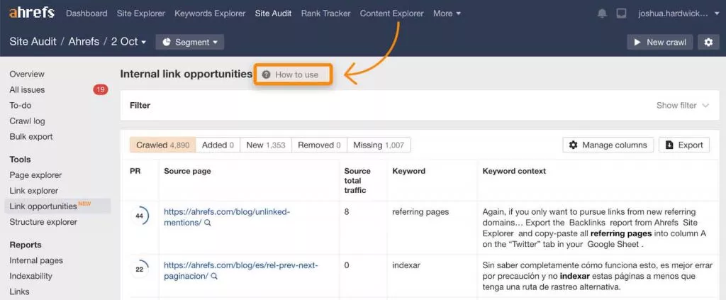 پیشنهادات لینک‌دهی داخلی در Ahrefs برای استفاده بهتر از بودجه خزش